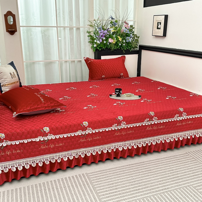 91家纺网 家纺一手货源 找家纺 手艺人家纺 2025新款绗缝绣花HLK02-03炕床盖 HLK03红