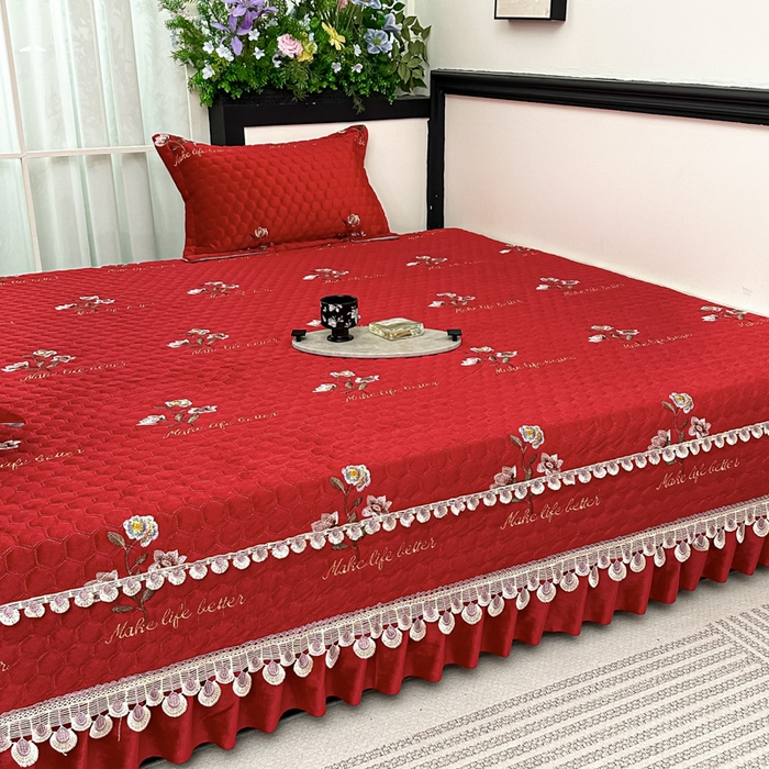 91家纺网 家纺一手货源 找家纺 手艺人家纺 2025新款绗缝绣花HLK02-03炕床盖 HLK03红