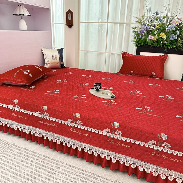 91家纺网 家纺一手货源 找家纺 手艺人家纺 2025新款绗缝绣花HLK02-03炕床盖 HLK03红