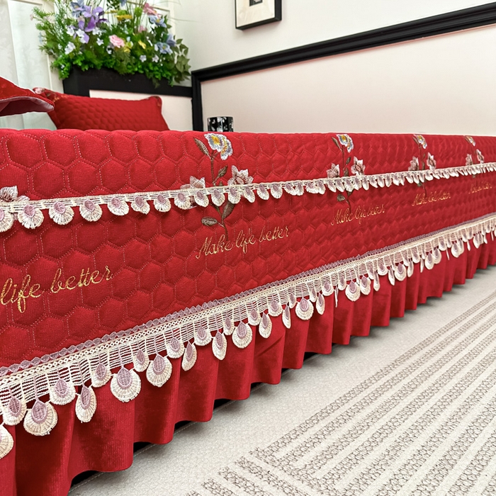 91家纺网 家纺一手货源 找家纺 手艺人家纺 2025新款绗缝绣花HLK02-03炕床盖 HLK03红