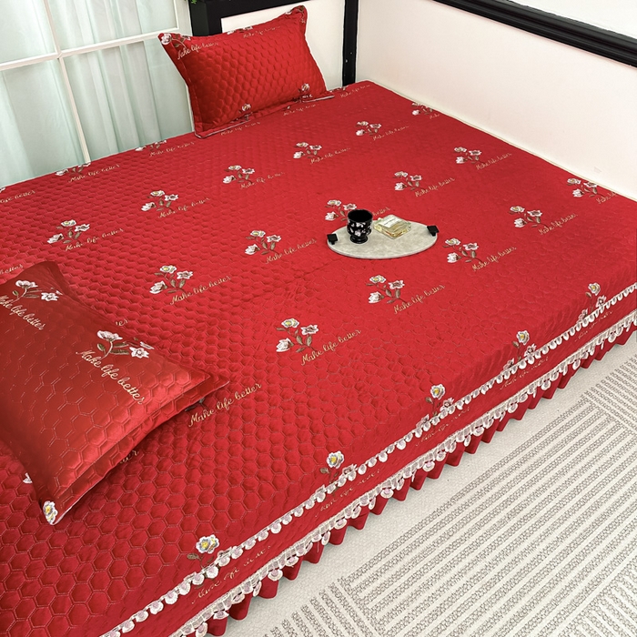 91家纺网 家纺一手货源 找家纺 手艺人家纺 2025新款绗缝绣花HLK02-03炕床盖 HLK03红