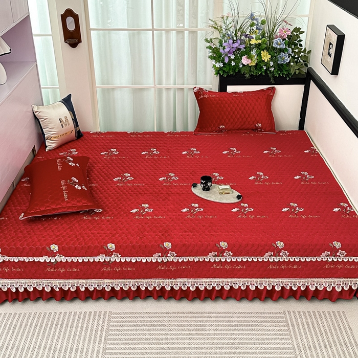 91家纺网 家纺一手货源 找家纺 手艺人家纺 2025新款绗缝绣花HLK02-03炕床盖 HLK03红