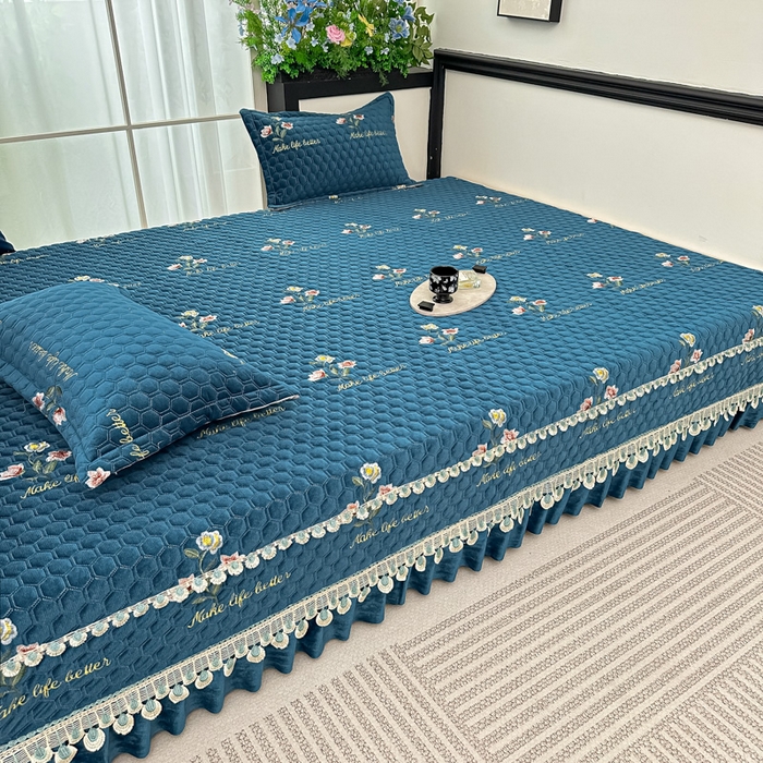 91家纺网 家纺一手货源 找家纺 手艺人家纺 2025新款绗缝绣花HLK02-03炕床盖 HLK03蓝