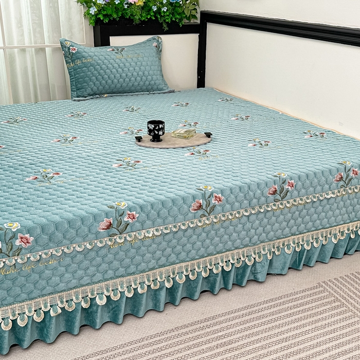 91家纺网 家纺一手货源 找家纺 手艺人家纺 2025新款绗缝绣花HLK02-03炕床盖 HLK03绿