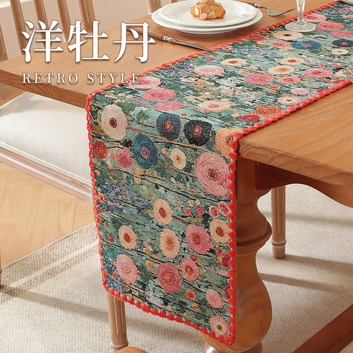 91家纺网 家纺一手货源 找家纺 （总）南通大梧纺织 2025新款美式复古田园金丝花朵桌旗