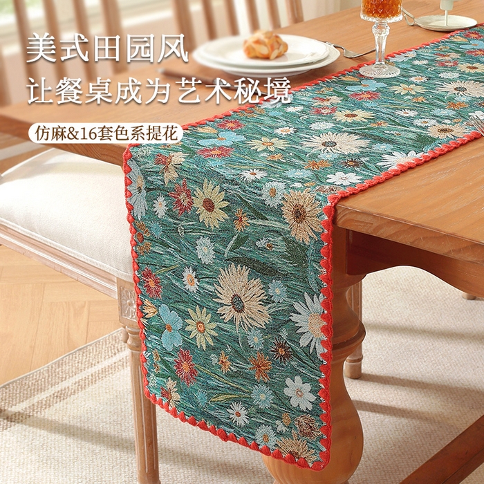 91家纺网 家纺一手货源 找家纺 （总）南通大梧纺织 2025新款美式复古田园金丝花朵桌旗