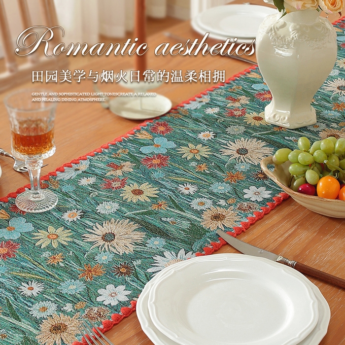 91家纺网 家纺一手货源 找家纺 （总）南通大梧纺织 2025新款美式复古田园金丝花朵桌旗