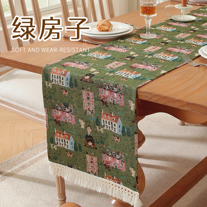 91家纺网 家纺一手货源 找家纺 （总）南通大梧纺织 2025新款美式复古风绿房子桌旗