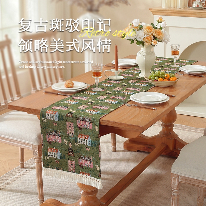 91家纺网 家纺一手货源 找家纺 （总）南通大梧纺织 2025新款美式复古风绿房子桌旗