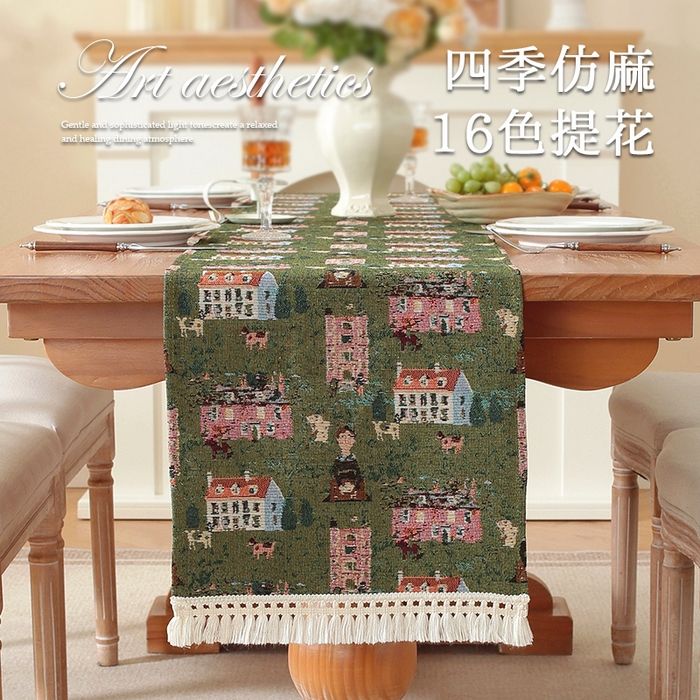 91家纺网 家纺一手货源 找家纺 （总）南通大梧纺织 2025新款美式复古风绿房子桌旗