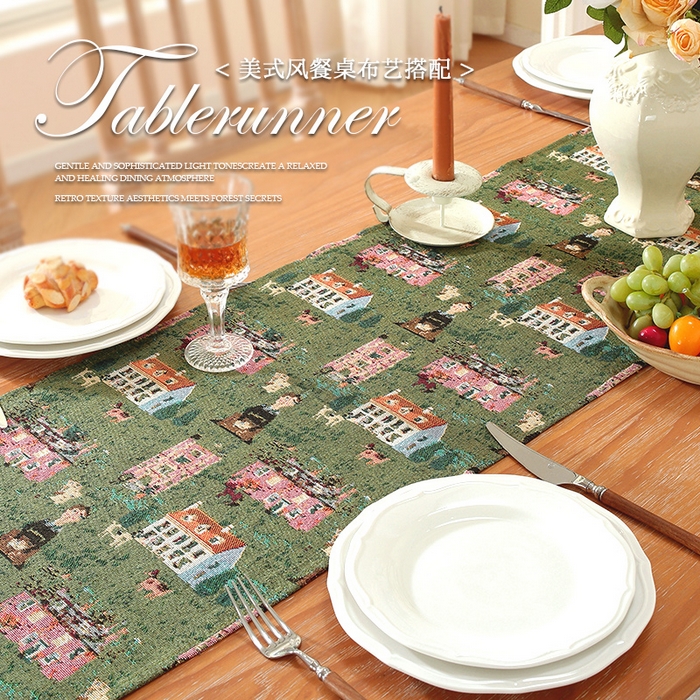 91家纺网 家纺一手货源 找家纺 （总）南通大梧纺织 2025新款美式复古风绿房子桌旗