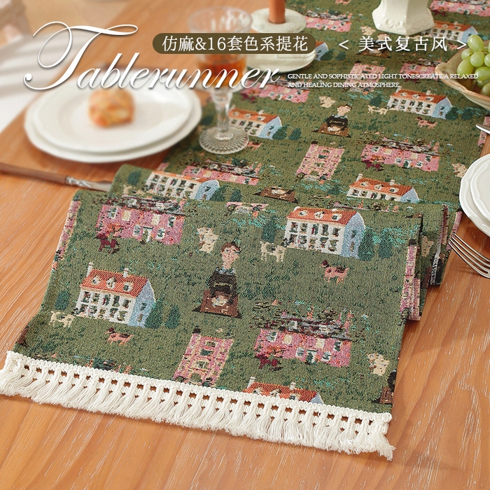 91家纺网 家纺一手货源 找家纺 （总）南通大梧纺织 2025新款美式复古风绿房子桌旗