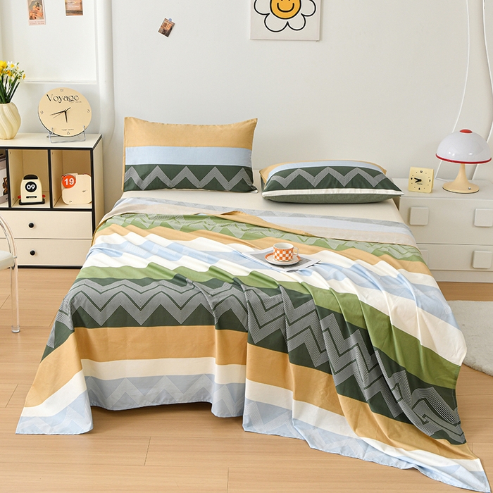 91家纺网 家纺一手货源 找家纺 宇彬家纺 2025直播新款13372全棉纯棉印花双人单床单枕套三件套喷气小清新简约学生被单 动感电波