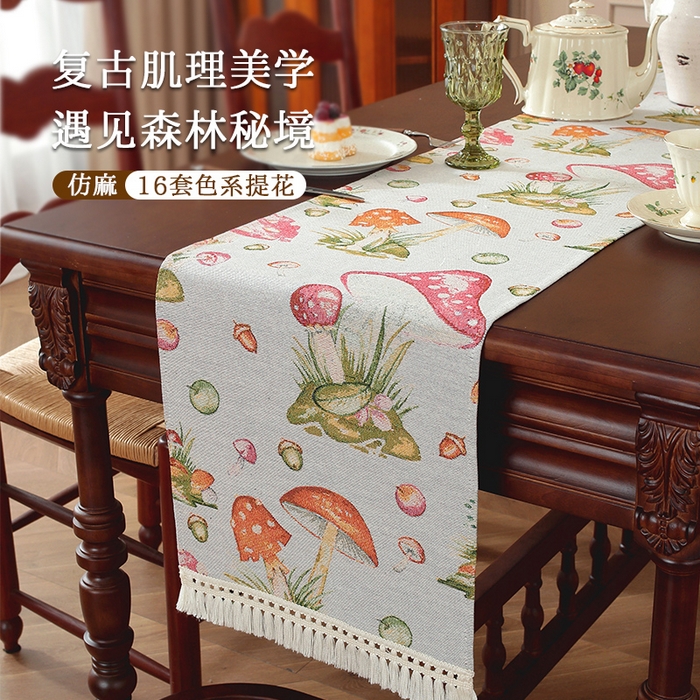 91家纺网 家纺一手货源 找家纺 （总）南通大梧纺织 2025新款复古森林秘境红伞伞桌旗