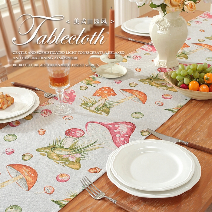 91家纺网 家纺一手货源 找家纺 （总）南通大梧纺织 2025新款复古森林秘境红伞伞桌旗