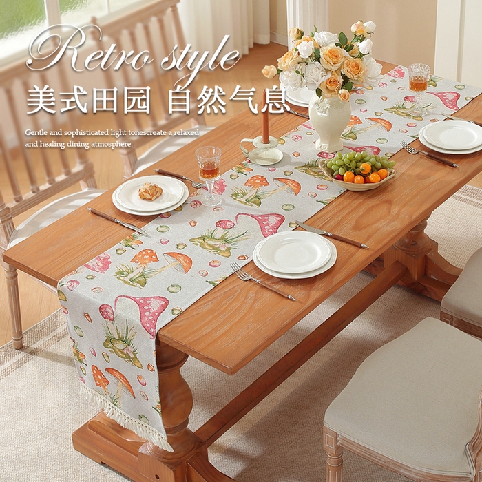 91家纺网 家纺一手货源 找家纺 （总）南通大梧纺织 2025新款复古森林秘境红伞伞桌旗