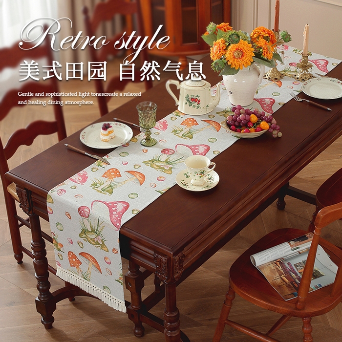 91家纺网 家纺一手货源 找家纺 （总）南通大梧纺织 2025新款复古森林秘境红伞伞桌旗