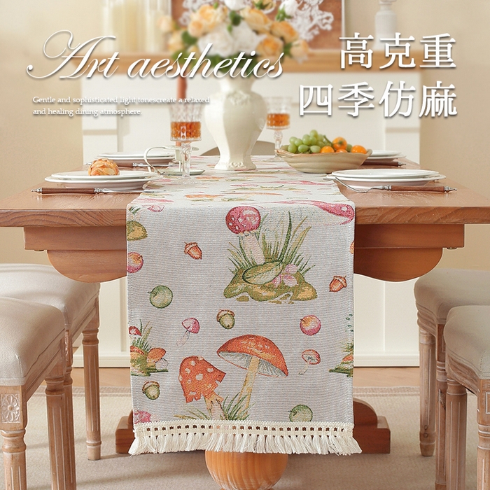 91家纺网 家纺一手货源 找家纺 （总）南通大梧纺织 2025新款复古森林秘境红伞伞桌旗