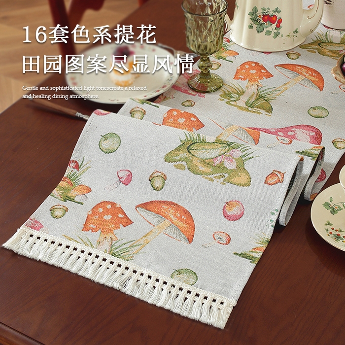 91家纺网 家纺一手货源 找家纺 （总）南通大梧纺织 2025新款复古森林秘境红伞伞桌旗