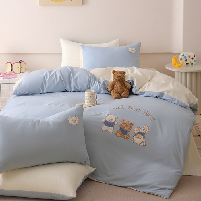 悦兴家纺 2025新款A类水洗棉卡通幸运熊四件套（含买家秀） 幸运熊奶蓝