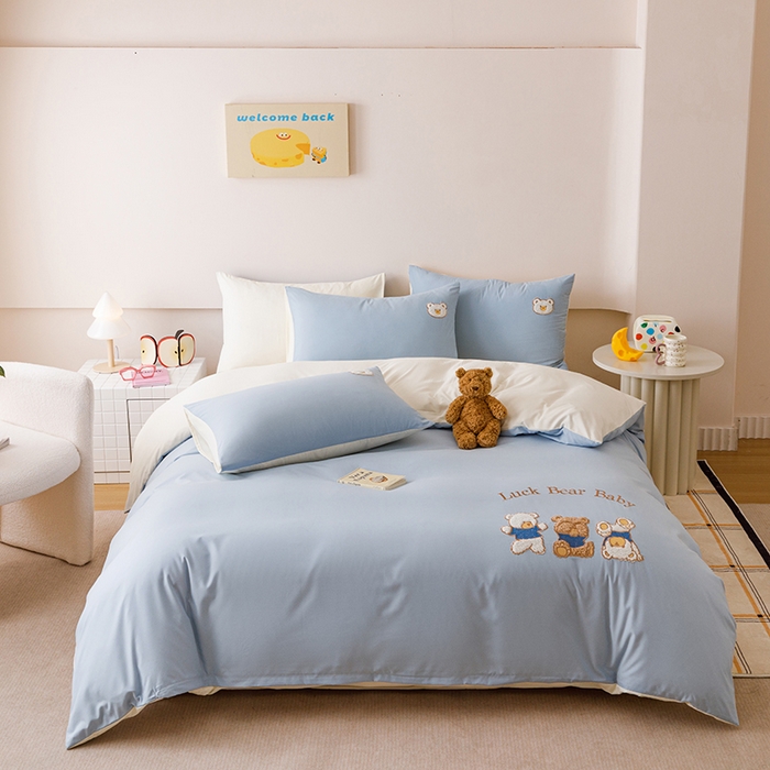 91家纺网 家纺一手货源 找家纺 悦兴家纺 2025新款A类水洗棉卡通幸运熊四件套（含买家秀） 幸运熊奶蓝