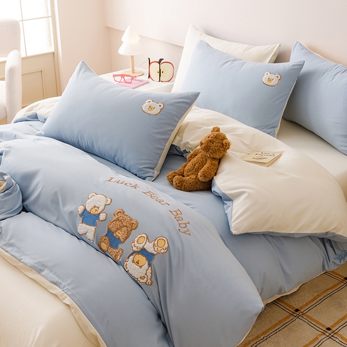 91家纺网 家纺一手货源 找家纺 悦兴家纺 2025新款A类水洗棉卡通幸运熊四件套（含买家秀） 幸运熊奶蓝