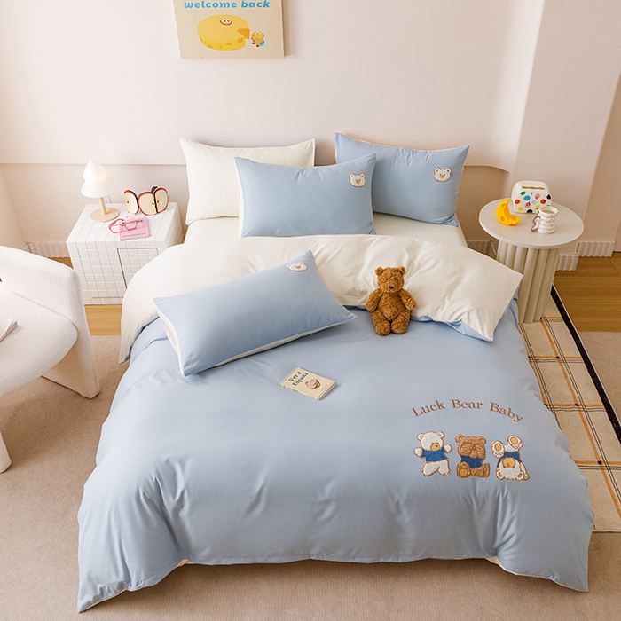 91家纺网 家纺一手货源 找家纺 悦兴家纺 2025新款A类水洗棉卡通幸运熊四件套（含买家秀） 幸运熊奶蓝