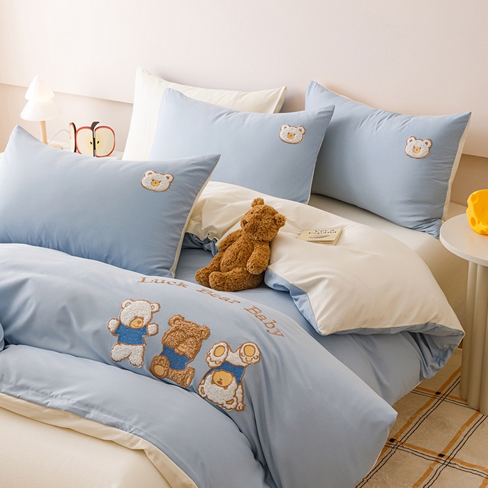 91家纺网 家纺一手货源 找家纺 悦兴家纺 2025新款A类水洗棉卡通幸运熊四件套（含买家秀） 幸运熊奶蓝