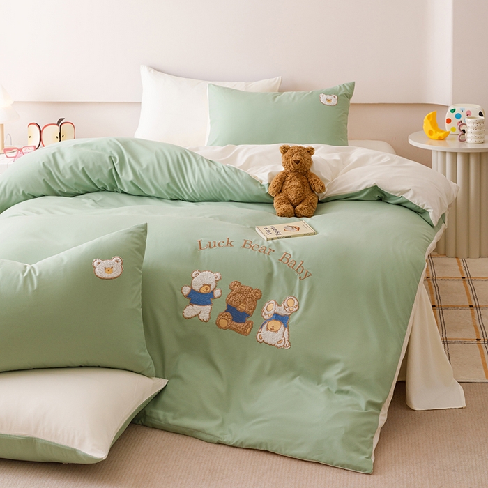 悦兴家纺 2025新款A类水洗棉卡通幸运熊四件套（含买家秀） 幸运熊奶绿
