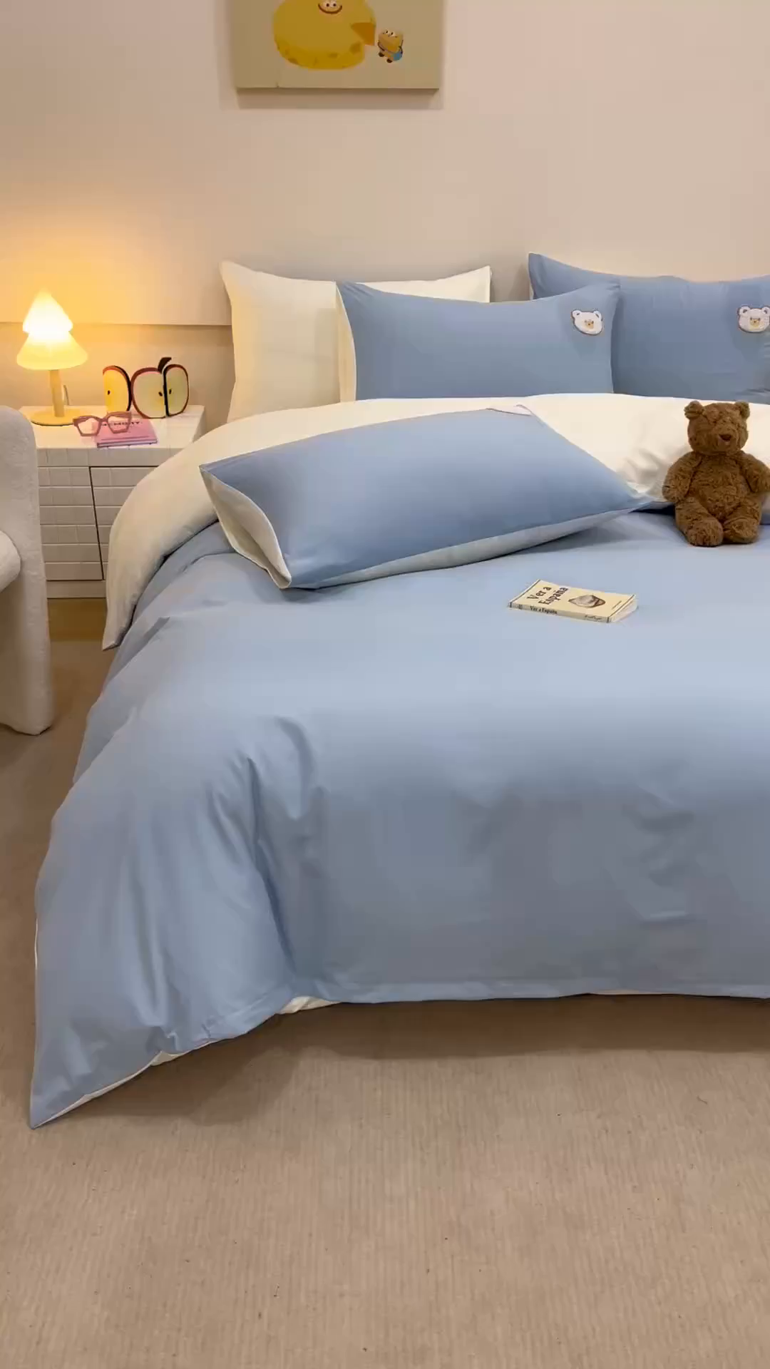 91家纺网 家纺一手货源 找家纺 悦兴家纺 2025新款A类水洗棉卡通幸运熊四件套（含买家秀） 幸运熊奶蓝