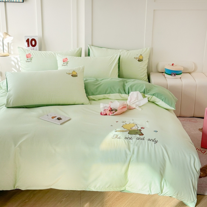 91家纺网 家纺一手货源 找家纺 悦兴家纺 2025新款A类水洗棉刺绣卡通小王子系列四件套（含买家秀） 小王子绿格