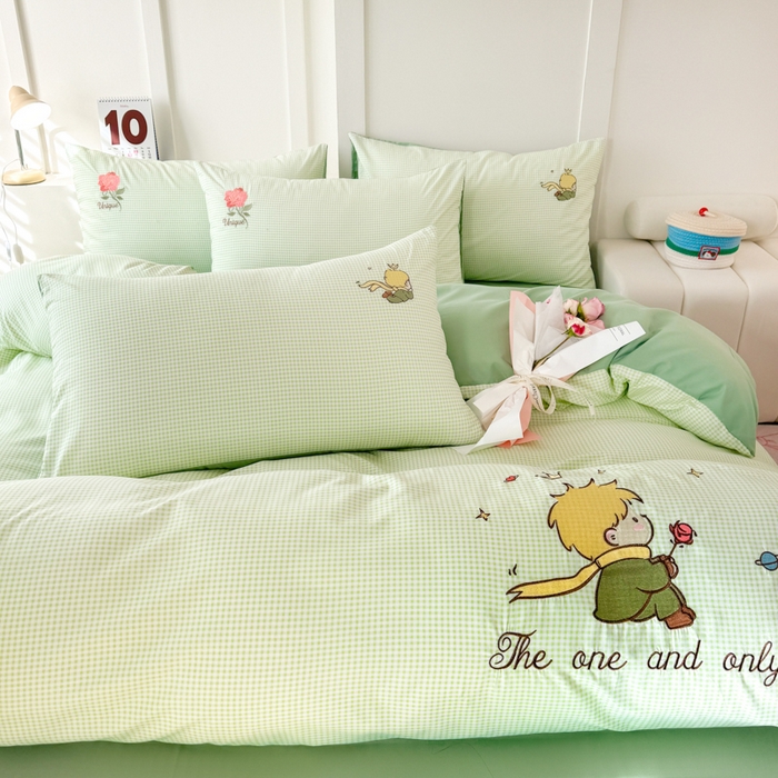 91家纺网 家纺一手货源 找家纺 悦兴家纺 2025新款A类水洗棉刺绣卡通小王子系列四件套（含买家秀） 小王子绿格