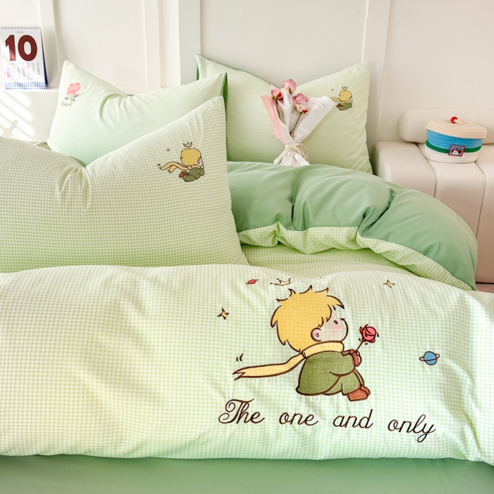 91家纺网 家纺一手货源 找家纺 悦兴家纺 2025新款A类水洗棉刺绣卡通小王子系列四件套（含买家秀） 小王子绿格