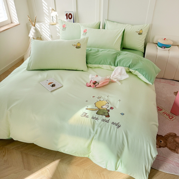 91家纺网 家纺一手货源 找家纺 悦兴家纺 2025新款A类水洗棉刺绣卡通小王子系列四件套（含买家秀） 小王子绿格