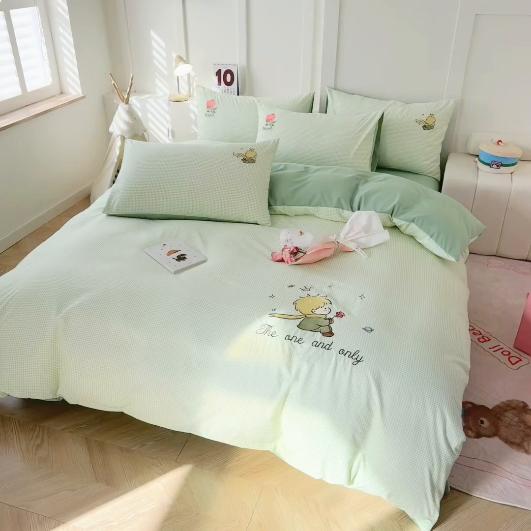 91家纺网 家纺一手货源 找家纺 悦兴家纺 2025新款A类水洗棉刺绣卡通小王子系列四件套（含买家秀） 小王子绿格