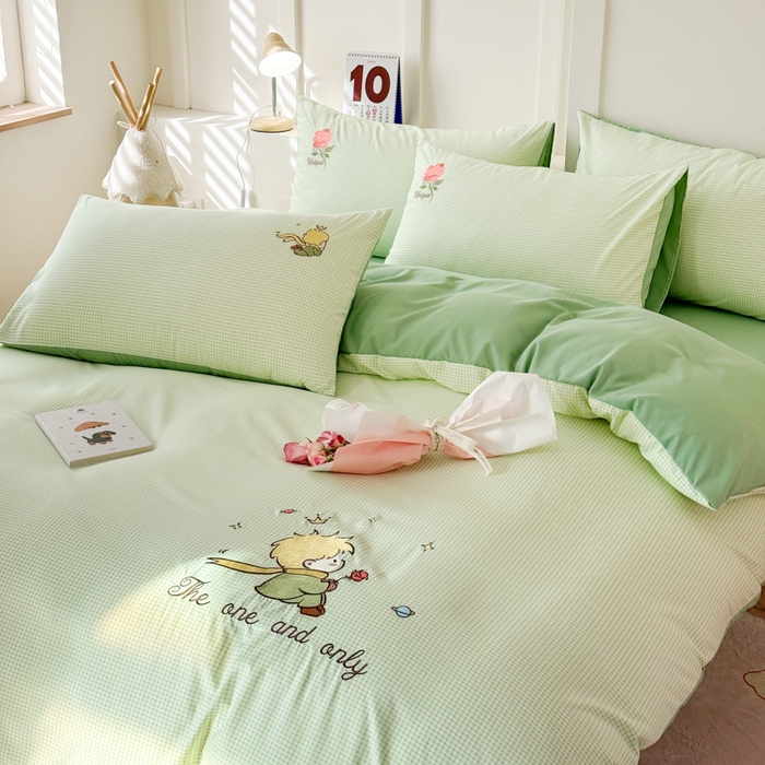 91家纺网 家纺一手货源 找家纺 悦兴家纺 2025新款A类水洗棉刺绣卡通小王子系列四件套（含买家秀） 小王子绿格