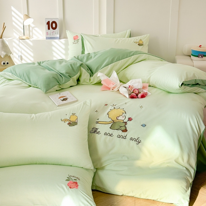 91家纺网 家纺一手货源 找家纺 悦兴家纺 2025新款A类水洗棉刺绣卡通小王子系列四件套（含买家秀） 小王子绿格