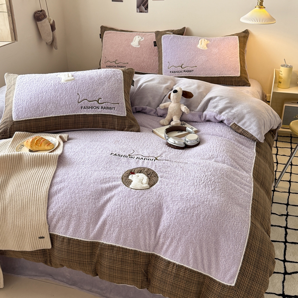 91家纺网 家纺一手货源 找家纺 水云缦 2025新款米粒绒全棉双层纱四件套 米粒绒-香芋紫