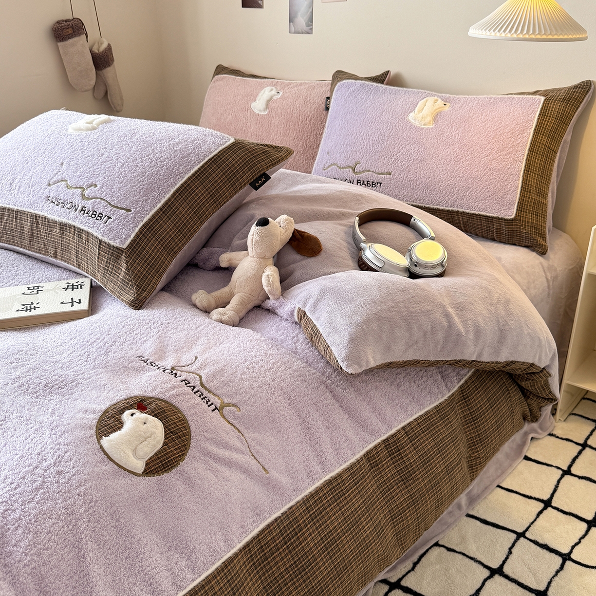 91家纺网 家纺一手货源 找家纺 水云缦 2025新款米粒绒全棉双层纱四件套 米粒绒-香芋紫