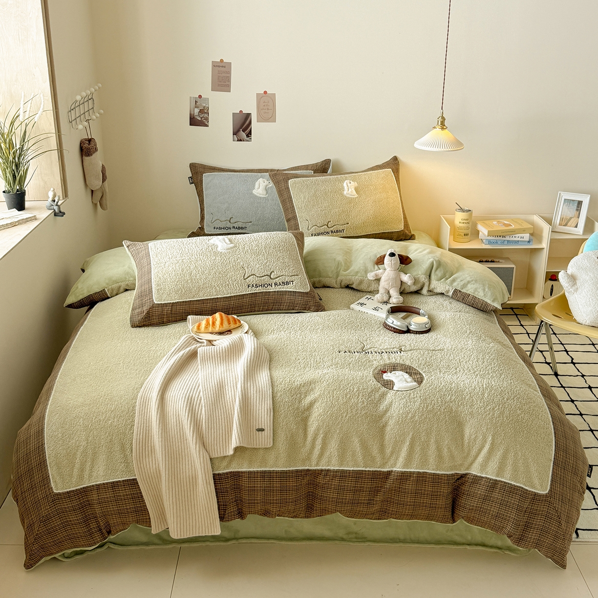 水云缦 2025新款米粒绒全棉双层纱四件套 米粒绒-抹茶绿