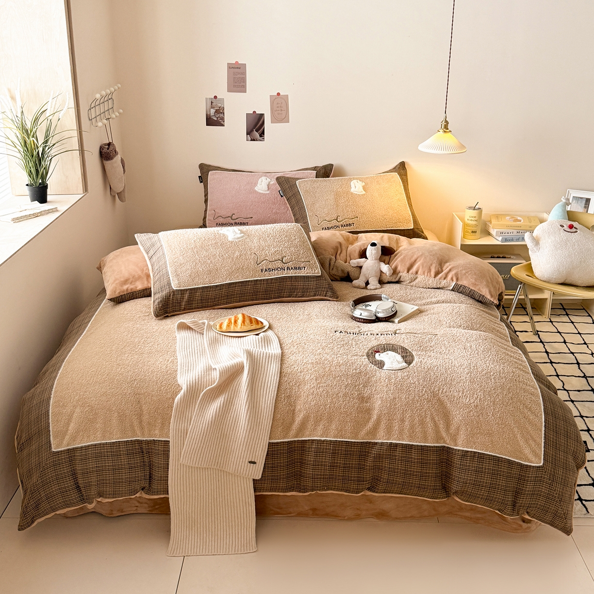 水云缦 2025新款米粒绒全棉双层纱四件套 米粒绒-奶茶咖