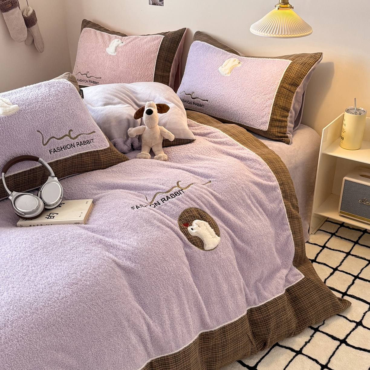 91家纺网 家纺一手货源 找家纺 水云缦 2025新款米粒绒全棉双层纱四件套 米粒绒-香芋紫