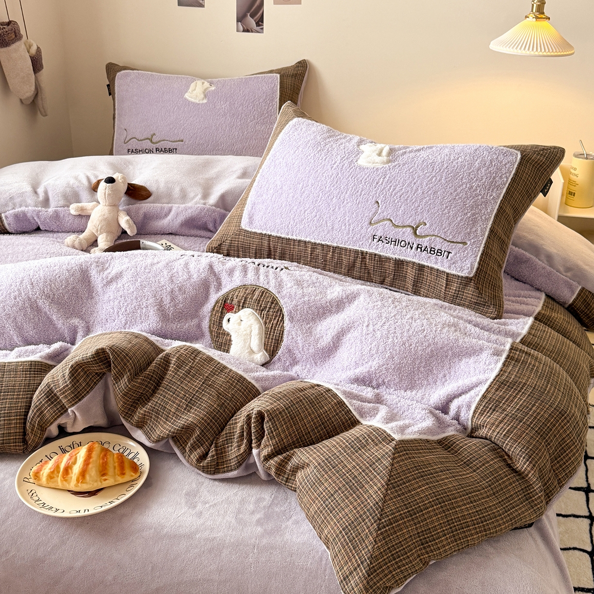 91家纺网 家纺一手货源 找家纺 水云缦 2025新款米粒绒全棉双层纱四件套 米粒绒-香芋紫