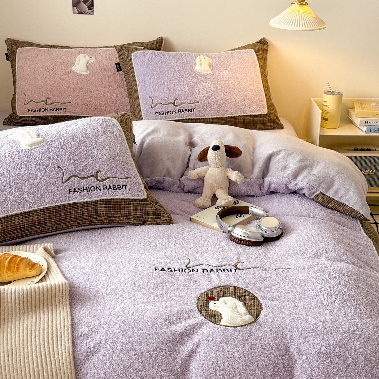 91家纺网 家纺一手货源 找家纺 水云缦 2025新款米粒绒全棉双层纱四件套 米粒绒-香芋紫