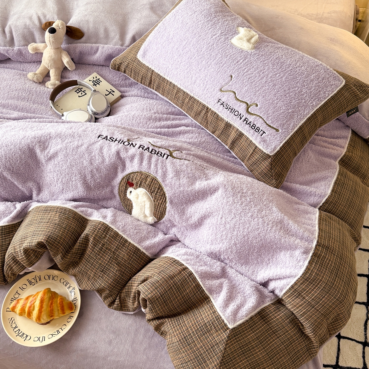 91家纺网 家纺一手货源 找家纺 水云缦 2025新款米粒绒全棉双层纱四件套 米粒绒-香芋紫