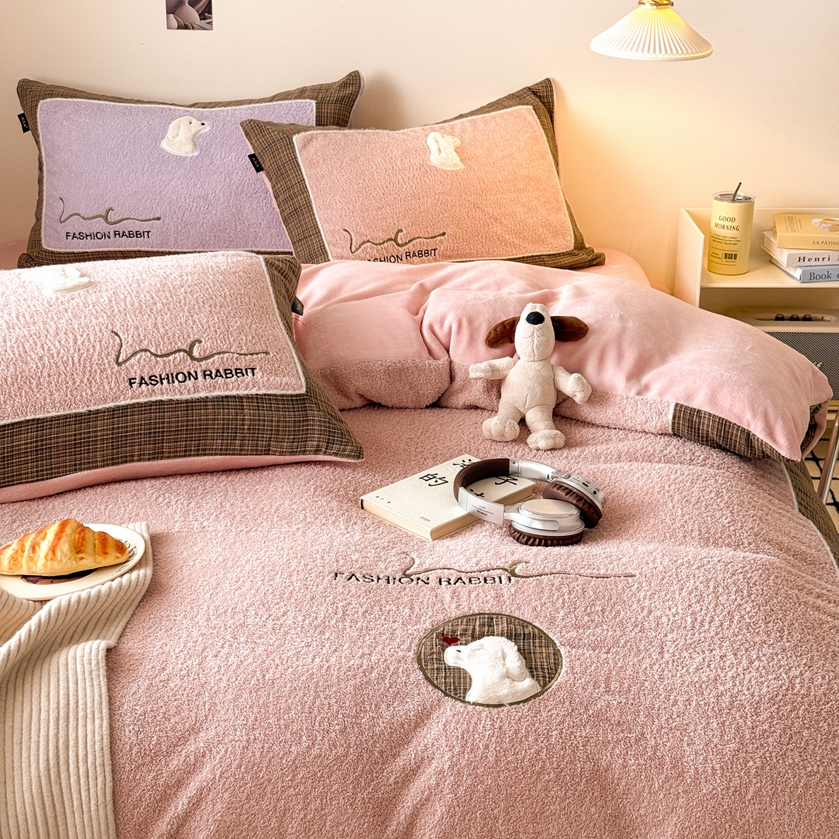 91家纺网 家纺一手货源 找家纺 水云缦 2025新款米粒绒全棉双层纱四件套 米粒绒-藕粉