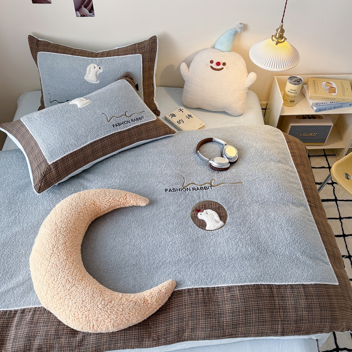 91家纺网 家纺一手货源 找家纺 水云缦 2025新款米粒绒全棉双层纱四件套 米粒绒-莫兰迪蓝