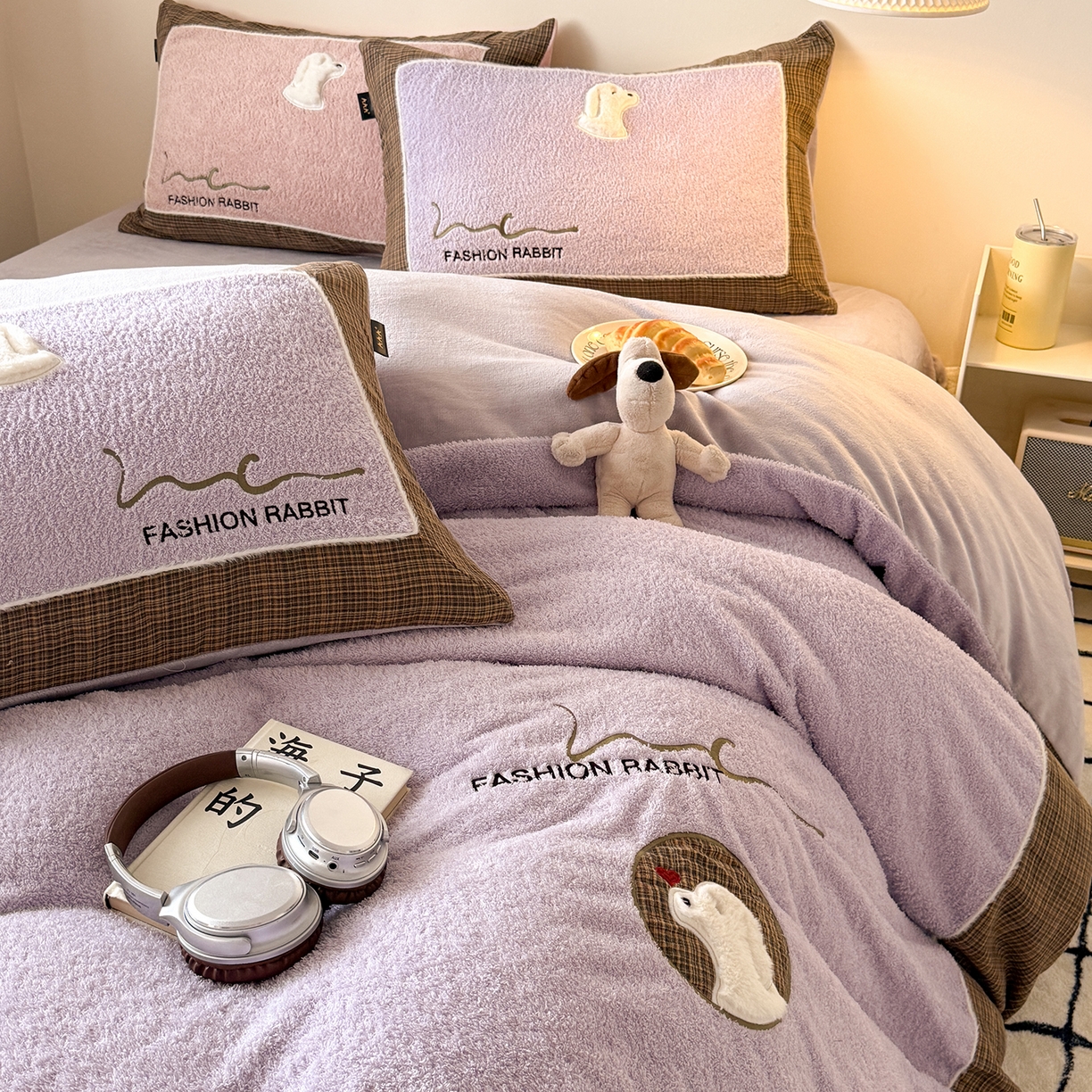 91家纺网 家纺一手货源 找家纺 水云缦 2025新款米粒绒全棉双层纱四件套 米粒绒-香芋紫