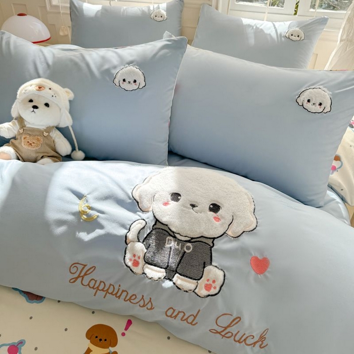 91家纺网 家纺一手货源 找家纺 悦兴家纺 2025新款A类水洗棉治愈萌犬系列四件套（含买家秀） 奶蓝多duo狗狗