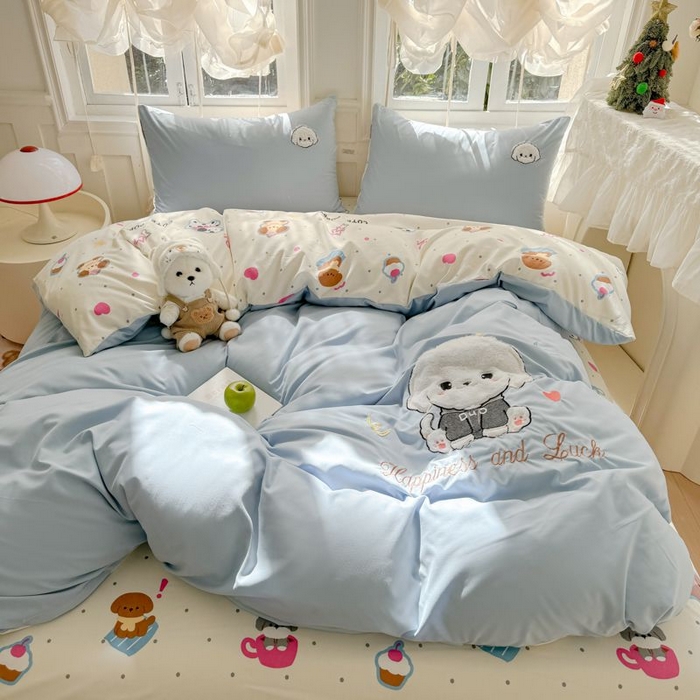 91家纺网 家纺一手货源 找家纺 悦兴家纺 2025新款A类水洗棉治愈萌犬系列四件套（含买家秀） 奶蓝多duo狗狗